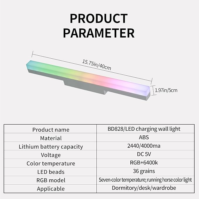 Rechargeable Wall Lights Bar Set of 2,Cold White with RGB - Image 7