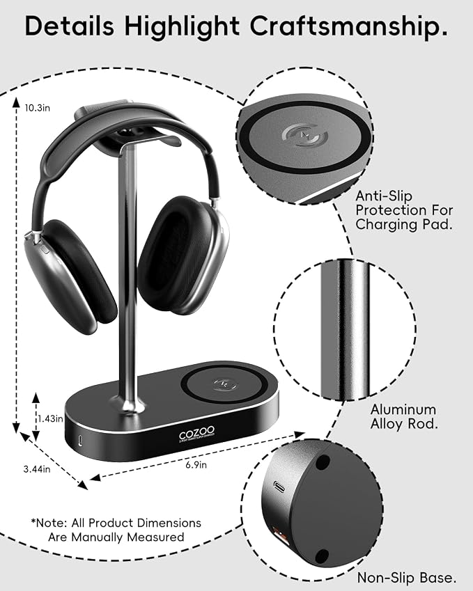 cozoo 15W Wireless Charging Headphone Stand with USB & Type-C Ports, Desktop Gaming Headset Holder, Cool Gaming Accessories & Tech Gifts for Men Teen Boys,Gamer Gifts, for Boyfriend and Teens - Image 7