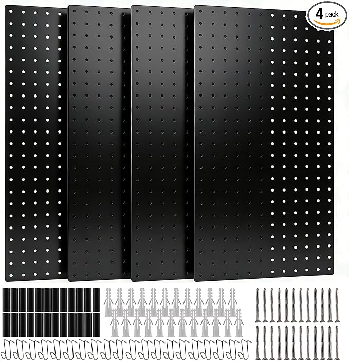 DEWEL 4 Pack Black Metal Pegboard, 23x12 Inch Wall Organizer Kit with Hooks by DEWEL