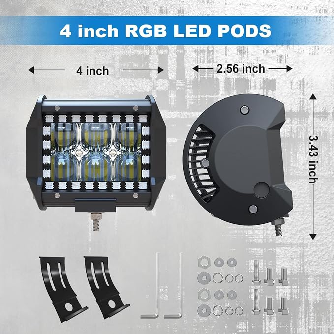 Lpteso 4X 4Inch LED Flood Work Pods with RGB Chasing Halo Ring Fog Lights - Image 2
