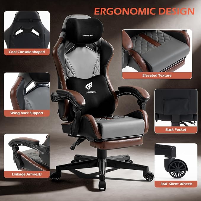 Ergonomic Gaming Chair for Adults with Footrest - PU Leather Computer Gamer Chair with Memory Foam Headrest & Lumbar Pillow, Reclining Silla Gamer Video Game Chair for Home Office, Black & Grey - Image 8