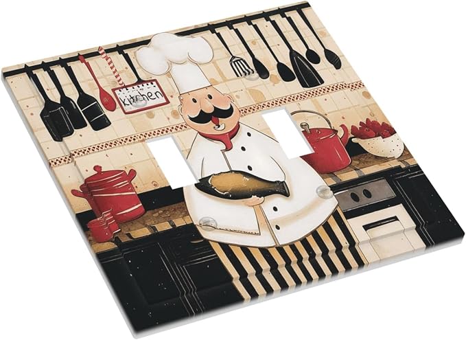 Decorative Light Switch Cover Plate Cartoon Fat Happy Chef Cook 2 Gang Switch Plate Covers Double Toggle Wall Plate Dual Device Electrical Switchplate Dimmer Faceplate for Farmhouse Kitchen - Image 3