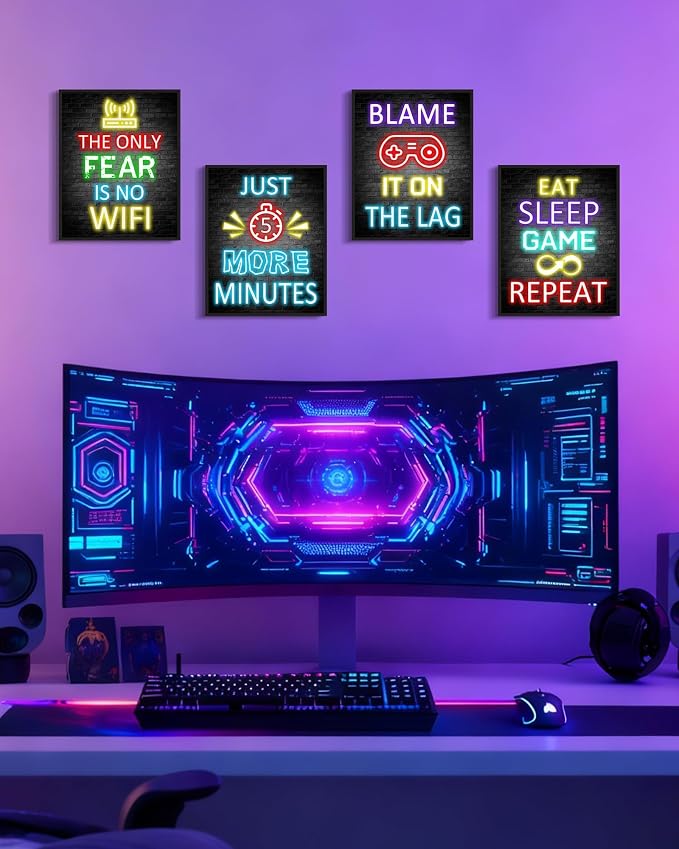 KUVIOKE Video Gamer Room Decor for Teen Boys Gaming Wall Art Gamer Neon Sign Teenage Bedroom Decor Ready to Hang Set of 4, 8x10in (Framed) - Image 8