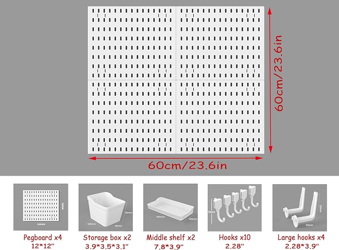 12 * 12in Pegboard Set, DIY Pegboard Combo Kit, Wall-Mounted Storage Organizer, Includes 4 pegboards and 18 Accessories, Suitable for Office, Gaming Room, Kitchen, and Decorative Display (White) - Image 7