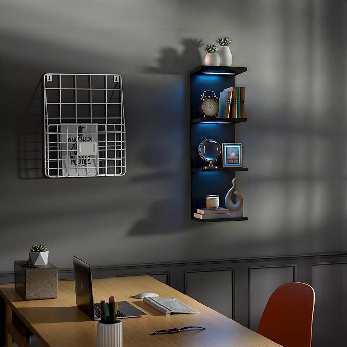 VIWODS 4-Tier Wall Shelf Unit with Lights, Black - Image 7