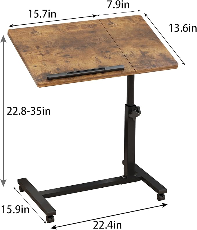 TigerDad Adjustable Overbed Table with Wheels, Rolling Laptop Bed Desk for Home Hospital Use, Height & Tilt Adjustable Mobile Table for Eating, Working, Reading in Bed or Sofa - Image 3
