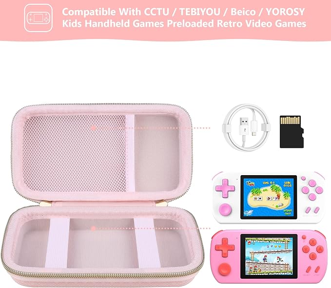 Supmay Carrying Case Compatible with CCTU / TEBIYOU Kids Handheld Games Preloaded 218 Retro Video Games, Portable Gaming Electronic Toys Storage Holder Travel Bag with Mesh Pocket for USB Cable, Pink - Image 2