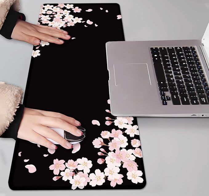 IMAYONDIA Sakura Japanese Desk Mat, Cherry Blossom Large Gaming Mouse Pad, Black Elegant Floral Mousepad for Women, Minimalistic Flower Aesthetic Desk Pad for Work, Game, Office, 31.5x11.8 - Image 7