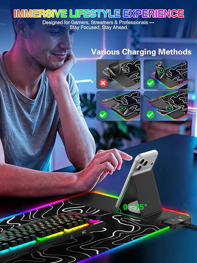 RGB Mouse Pad with Foldable Phone Stand Wireless Charger, 31.5"x11.8" XL Gaming Mousepad Large Desk Mat, Desk Pad with 11 Colors 5 Modes, Waterproof - Image 7