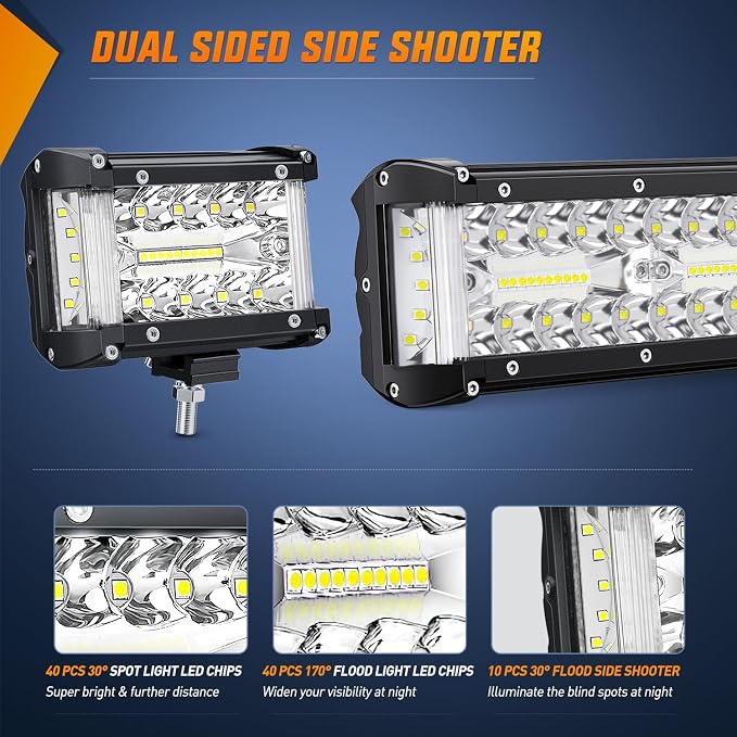 Nilight Side Shooter LED Light Bar Set 12 Inch Triple Row Spot Flood Combo Lights 2PCS 4.3Inch Pods with 5Pin Rocker Switch Wiring Harness Kit for Off-Road Truck ATV UTV Boat - Image 4