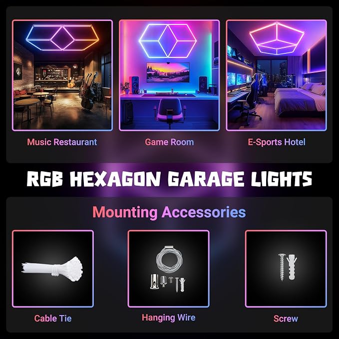 RGB Hexagon Lights with Remote- 4 Music Sync & 358+ Colors LED Hexagon Lights for Gaming Room, Gym, Bar, Ceiling, Basement Decor, Gym Lighting - Image 7