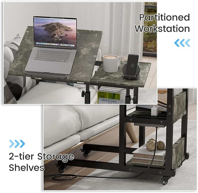 Hadulcet Adjustable C Table with Charging Station, Tiltable Desk C Shaped End Table for Couch, Over Bed Table with Wheels Adjustable Height, Laptop Stand Drawing Desk, Marble Grey - Image 7