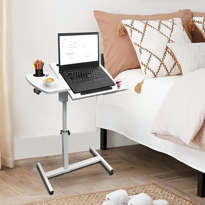 Overbed Table with Wheels Adjustable Height, Tiltable Desktop with Tray, Over Bed Table Rolling Bedside Tables, Medical Mobile Standing Desk, for Hospital Office Bedroom Sofa, White - Image 8