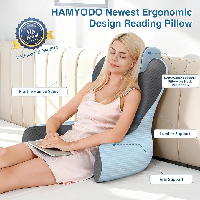 22" XL Reading Pillow Sitting in Bed,Back Support & Armrests(Grey & Blue) | OEKO-TEX,Back Rest & Lumbar Support Pillows, Bed Rest Chair Cushion,Reclining,Gaming,Work,Resting,Watching TV - Image 2
