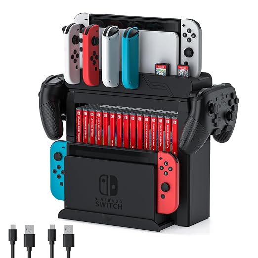 Switch Game Storage with Controller Charger for Nintendo Switch & OLED Model, Switch Charging Dock Charges 6 Joycons, Switch Gaming Accessories Holder for Desk, Switch Game Gift Card Organizer (Black) by MLIFEMFUL