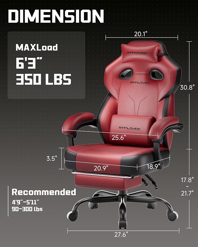 GTPLAYER Big & Tall Gaming Chair, Wide Seat with Footrest, Wine Red | Ergonomic High Back Computer Desk Chair for Adults, Comfort Padded Seat with Lumbar Support Armrests Recliner for Office/Home - Image 3