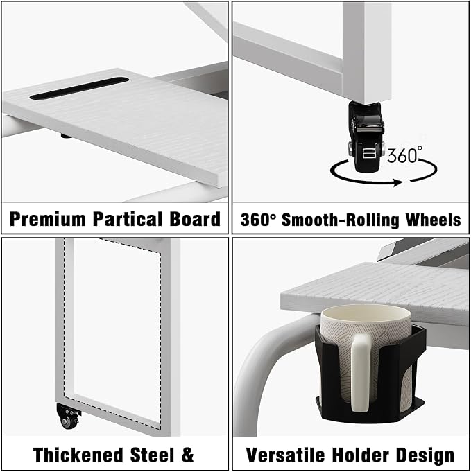 GiftGo Overbed Table with Wheels Rolling Laptop Desk Cart Table Height and Length Adjustable for Hospital and Home Use Over The Bed Table with Storage Drawer and Cup Holder (White, 31.5 to 47) - Image 6