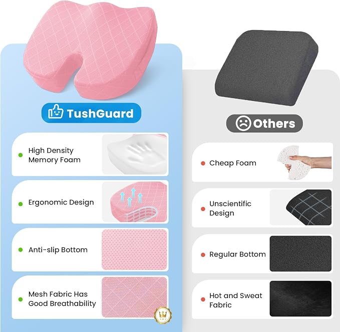 TushGuard Seat Cushion, Memory Foam Office Chair Cushion - Pink, XX-Large | for Car Seat, Airplane, Desk Chair - Sciatica & Hip & Coccyx Pain Relief Cushion for Long Sitting Office Workers, Car Drivers - Image 6