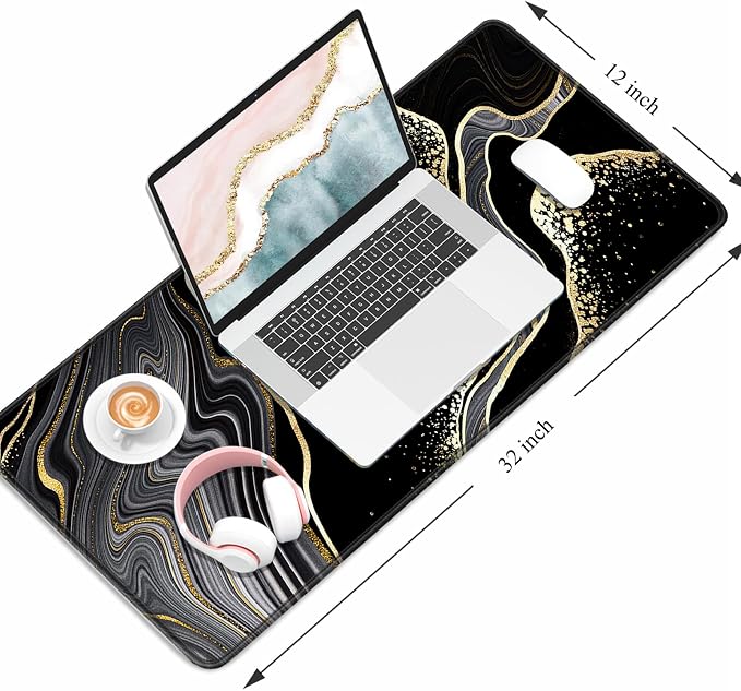 Auhoahsil Desk Pad, XL Extended Large Gaming Mouse Pad 31.5 x 11.8 Inch, Waterproof Mousepad with Stitched Edges, Non-Slip Computer Keyboard Laptop Mat for Women Men Office Work, Black Gold River - Image 2