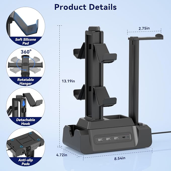 KDD Charging Station for Multiple Devices - 4 Ports Charging Dock with Controller and Headset Stand - 3 USB A & 1 USB C for Cellphone Tablet and Other Electronic - Multi Storage for Gaming Accessories - Image 6