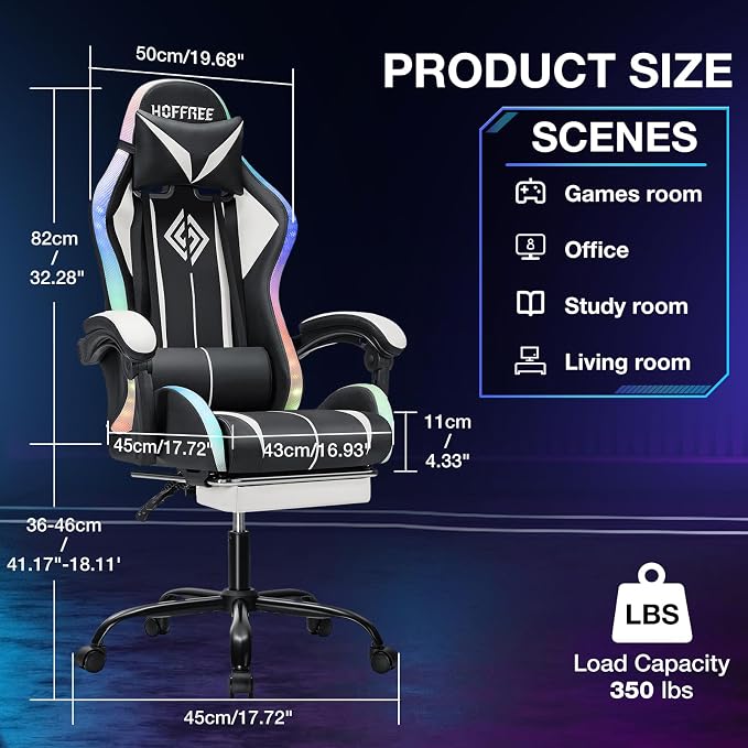 RGB Gaming Chair with LED Lights Massage Ergonomic Computer Chair-White | High Back Video Game Chair with Footrest & Adjustable Lumbar Support Gamer Chairs for Adults Racing Style Recline - Image 2