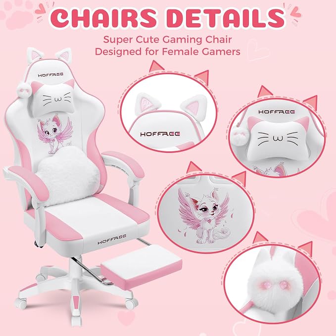 Pink Gaming Chair for Girls Cute Massage Computer Chair with Cat Ears | Cute Computer Office Chair Ergonomic Reclining Gamer Chair with Footrest Lumbar Support PC Game Chairs for Women Adults - Image 4