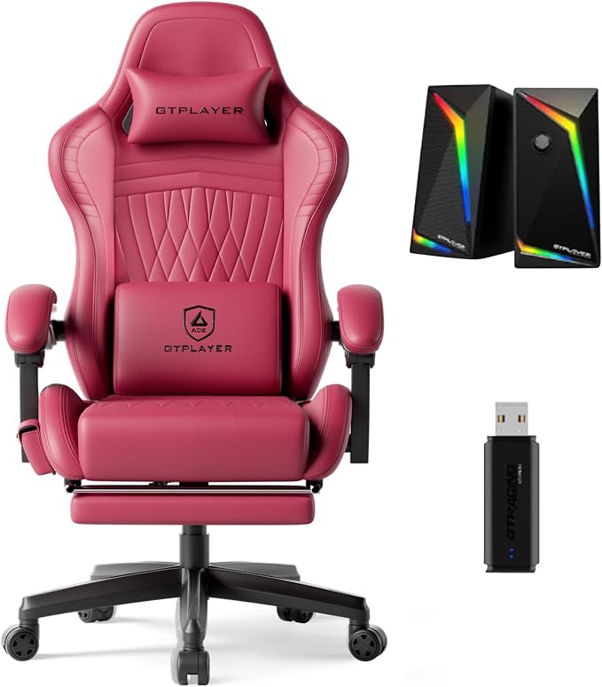 GTPLAYER Gaming Chair Bundle with Integrated Speakers, RGB Computer Speakers & USB Adapter – Ergonomic Music Chair for Surround Sound, Wireless & Complete Entertainment Setup, Wine Red (New) by GTPLAYER