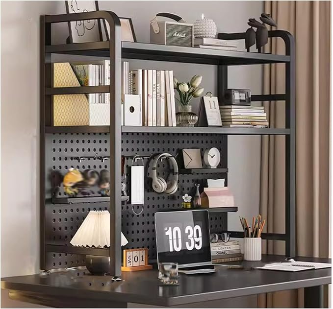 Peg Board, 2 Tier I Ndustrial Style Desktop Bookshelf， Pegboard Monitor Shelf, with 20 Hooks Modular Pegboard Shelf System for Home Office(Black,135x20x98cm) by XILYZMO