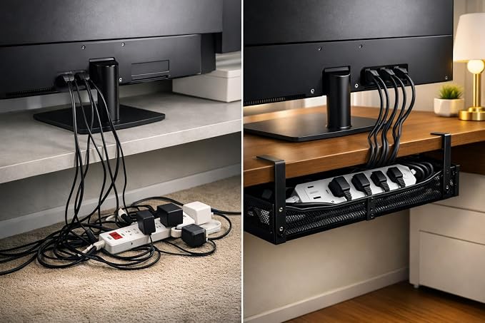 Expandable Under Desk Cable Management Tray, Expandable 15.7”–27.6”, No Drill Metal Cable Organizer with Clamp Mount for Standing Desk, Office & Home Desk (Black - Image 8