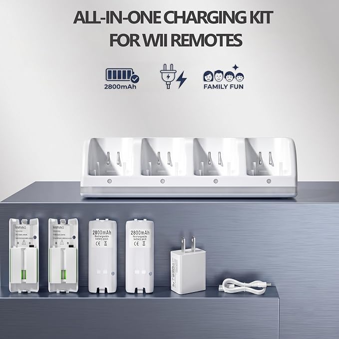 4-in-1 Charging Station for Wii&Wii U Remote Controller,Charger with 4 Rechargeable Battery Packs (4 Port Charging Station+4 pcs 2800mAh Replacement Batteries+USB Cable),Remote Not Included - Image 6