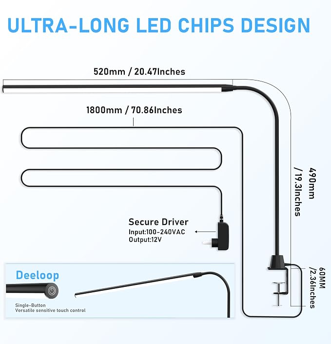 deeloop 20" Ultra Long LED Desk Lamp, 950LM Clamp Light, Wide Workspace - Image 6