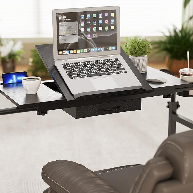 GiftGo Overbed Table with Wheels Rolling Laptop Desk Cart Over Recliner Wheelchair Table Adjustable for Hospital and Home Use Over The Bed Table with Storage Drawer and Cup Holder (Black) - Image 3