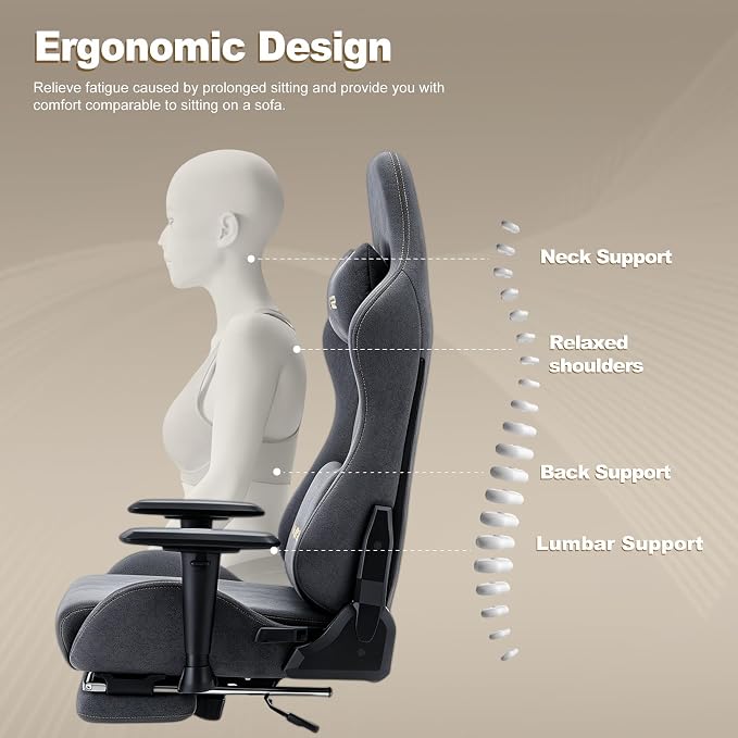 Symino Gaming Chair, High Back Ergonomic Office Chair with 2D Adjustable Armrests, 150° Recline, Breathable Faux Suede, Adjustable Headrest & Footrest for Home Office - Image 5