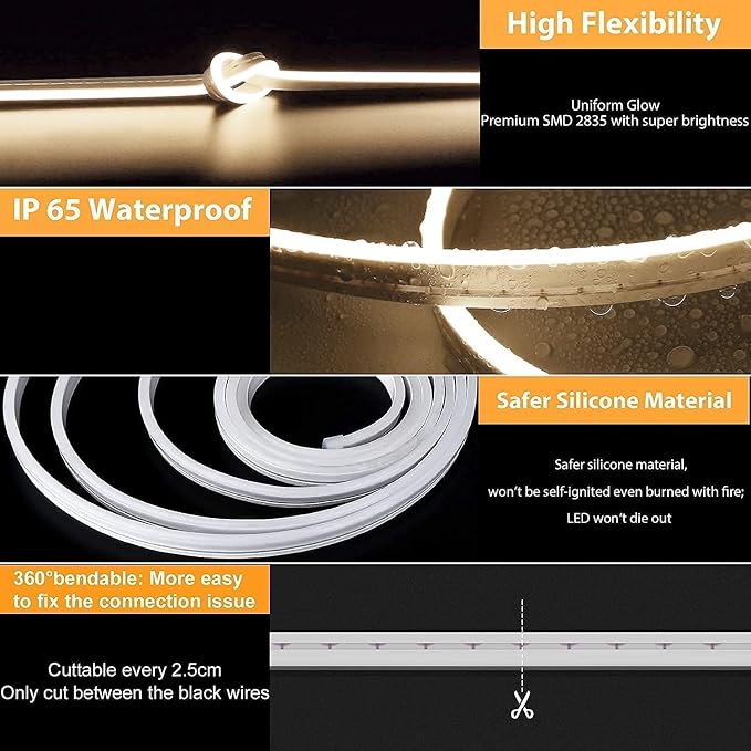 Lamomo LED Neon Lights, 12V Neutral White Dimmable LED Strip Lights, 16.4ft/5m Waterproof LED Neon Rope Lights, Silicone 4500K Neon LED Strip for Bedroom Indoor Home Decor (Power Adapter Included) - Image 4