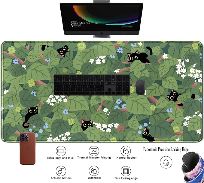 Kawaii Anime Aesthetic Black Cat Forest Plant Desk Mat, Green Sage XXL Large Extended Mouse Pad Gaming Cute Cats Desk pad, Laptop Keyboard and Mouse Mat for Women Desktop Office Decor 31.5x15.7 in - Image 3