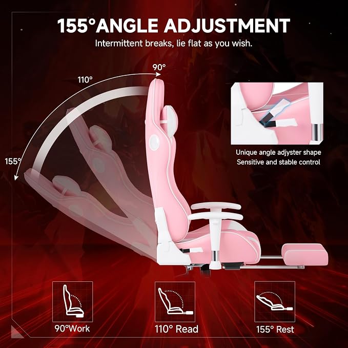 GTPLAYER Gaming Chair,Gamer Chair with Bluetooth and Adjustable Backrest,Seat Height Adjustable Computer Chairs with 3D Armrests,Video Game Chair with Footrest Speakers (Pink) - Image 6