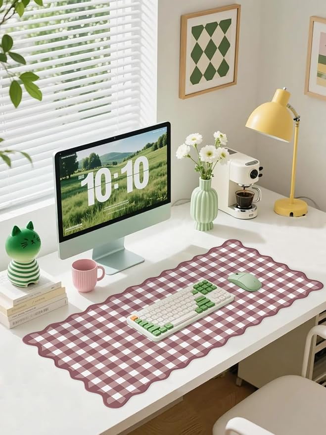 Scalloped‌ Dark Pink Checkered Gingham Desk Mat Cute Pastel Large Mouse Pad Kawaii Cottagecore ‌Vintage‌ Rustic Keyboard Pad Computer Mat for Desktop Aesthetic Cozy Office Desk Decor - Image 2