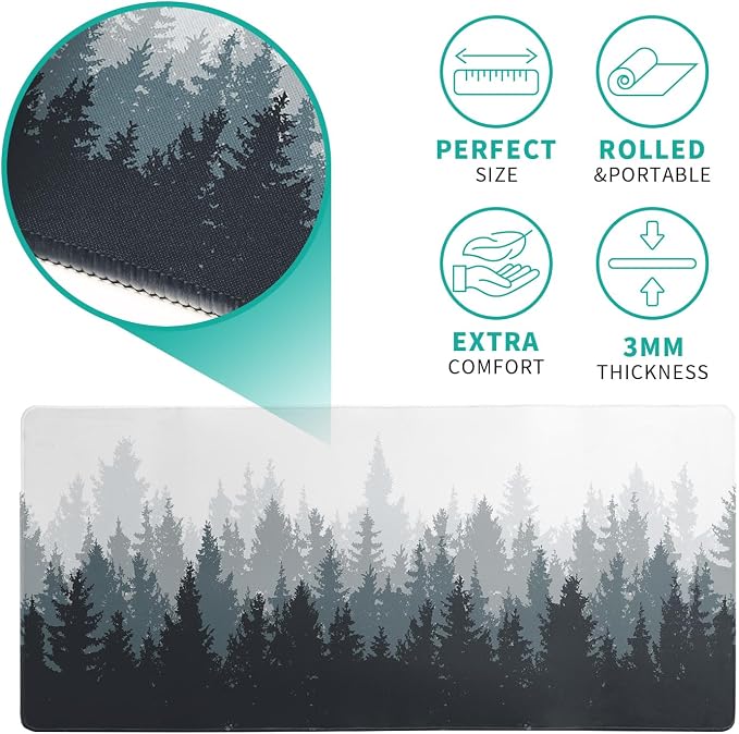 Desk Mat,Large Mouse Pad 31.5x11.8 Inch XL Extended Gaming Mouse Pad Mat with Non-Slip Base Stitched Edges Mousepad for Computer,Office,Keyboard and Laptop - Fog Misty Forest - Image 5