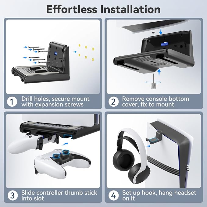 P5 Wall Mount Kit with Controller Holder Compatible with P5/Slim/Pro Disc & Digital, Pa5 Mount Floating for Gaming Accessories, Compact Pa5 Vertical Wall Shelf Organizer Bracket with Headphone Hook - Image 3