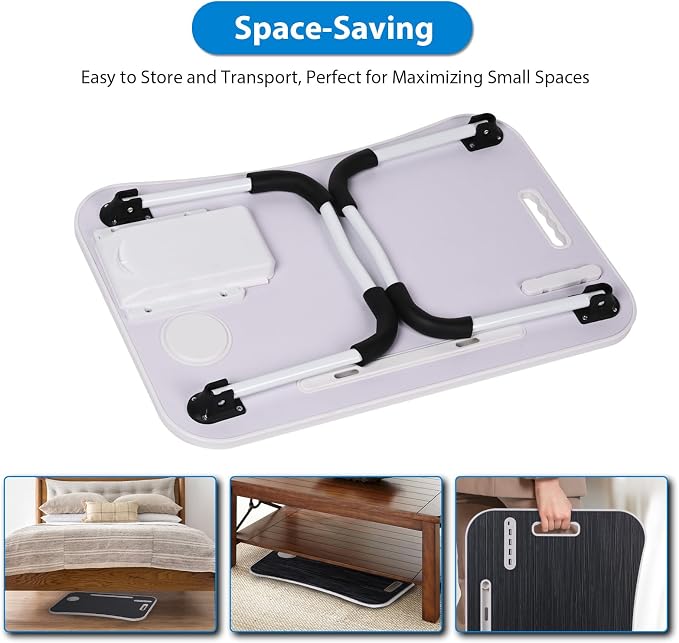 Portable Bed Desk, Foldable Laptop Desk with 4 USB Charge Port/Cup Holder/Tablet Slot/Storage Drawer, Folding Lap Table for Working, Writing, Drawing and Eating (White) - Image 5