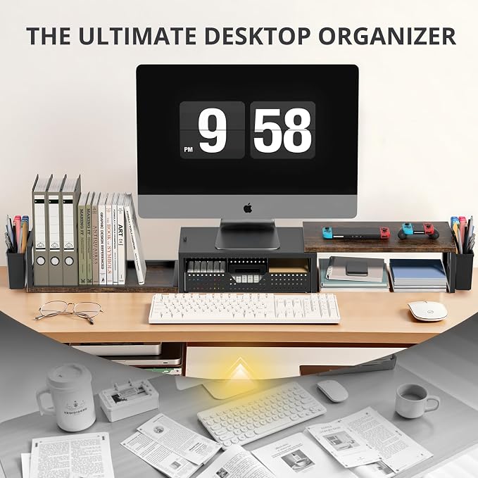 OPNICE Desk Organizers and Accessories, Dual Monitor Stand Riser with Drawer and 2 Pen Holders, Desk Shelf Computer Racks for Office Workspace Organizers, Desktop Organization (Rustic Brown) - Image 5