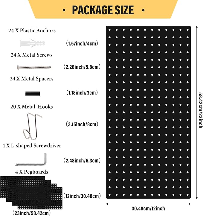 DEWEL 4 Pack Black Metal Pegboard, 23x12 Inch Wall Organizer Kit with Hooks - Image 2