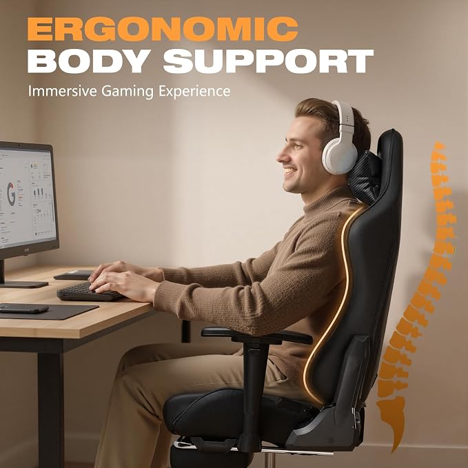 Gaming Chair with Footrest, Ergonomic High-Back PU Leather Computer Chair with 3D Adjustable Armrests, Headrest and Lumbar Support, Office Desk Chair with Diamond Stitching for Adults & Teen - Image 8