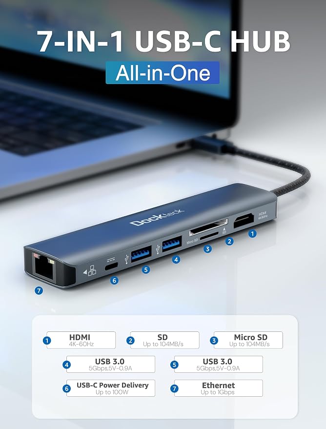 7-in-1 USB C Hub dockteck | 4K 60Hz HDMI, 1Gbps Ethernet, 100W Power Delivery, SD/TF Card Slots, USB 3.0 Data Ports USB C Dock for MacBook, iPad Pro, XPS - Image 2