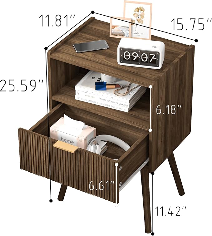 JOONEE Nightstand,Modern Bedside Table with Storage Drawer and Open Wood Shelf, for Living Room, Bedroom and Small Spaces, Accent Night Stand with Solid Wood Legs, Easy Assembly,Walnut Brown - Image 2