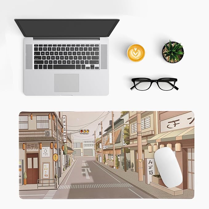 Tokyo Street Mouse Pad Anime Japanese Desk Mat Kawaii Large Gaming Mousepad XL Beige Cute Mousepad Gaming Non-Slip Rubber Base Stitched Edges Keyboard Mouse Mat Desk Pad for Office Home and Game - Image 3