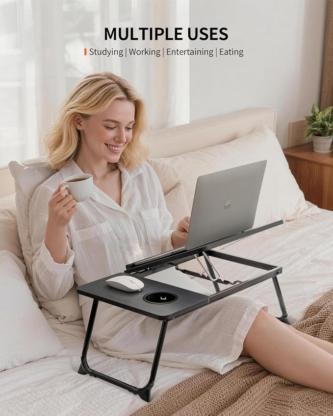 FISYOD Foldable Laptop Desk for Bed Couch, Adjustable Split Lap Desk with Cup Holder, Portable Lightweight Bed Table Tray, Heavy-Duty Laptop Stand for Working, Writing, Reading and Eating - Black - Image 4