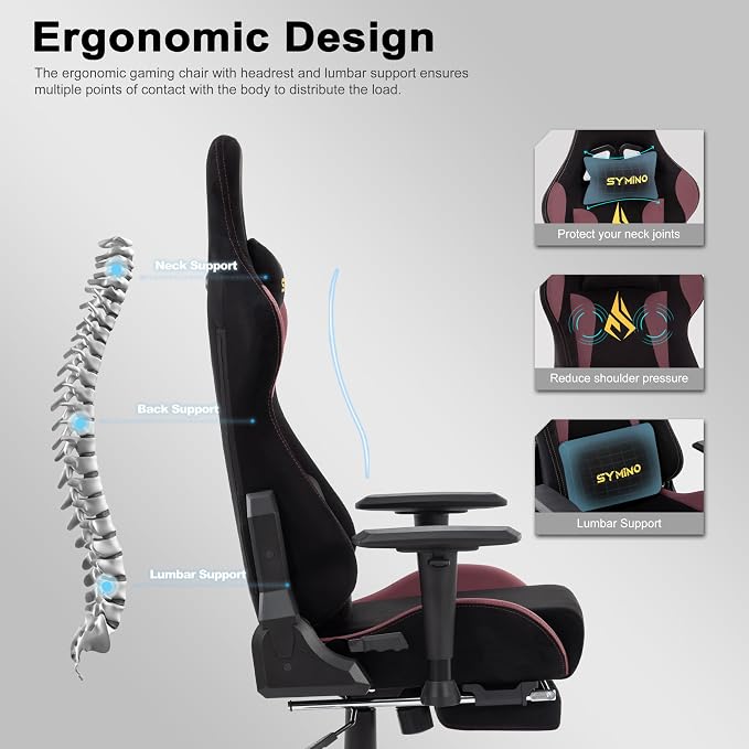 Symino Gaming Chair, High Back Ergonomic Office Chair with 2D Adjustable Armrests, 150° Recline, Breathable Faux Suede, Adjustable Headrest & Footrest for Home Office - Image 4