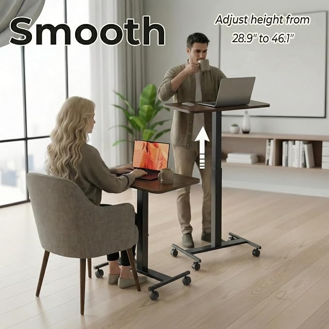 HUANUO Small Rolling Laptop Standing Desk, Height Adjustable Mobile T-Base Desk with Lockable Casters, Portable Sit-Stand Workstation for Bedside & Sofa, Walnut - Image 4