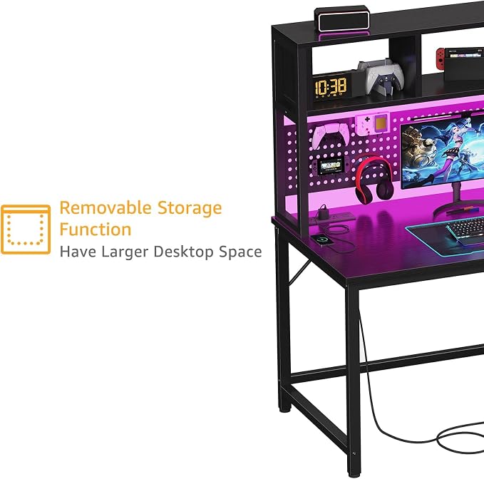 DLisiting Black Gaming Desk with Hutch and Pegboard - 47 Inch Gaming Desk with Shelves Storage Power Outlets, Computer Teen Work Study Writing Desks for Bedroom Home Office - Image 6